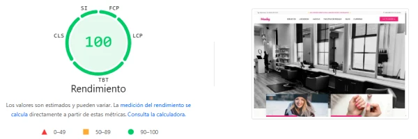 Rendimiento de Madig Belleza en PageSpeed